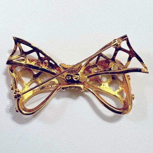 Vintage Swarovski Swan Crystal Bow Pin Gold Plated 2.5” x 1.5” - Picture 2 of 5